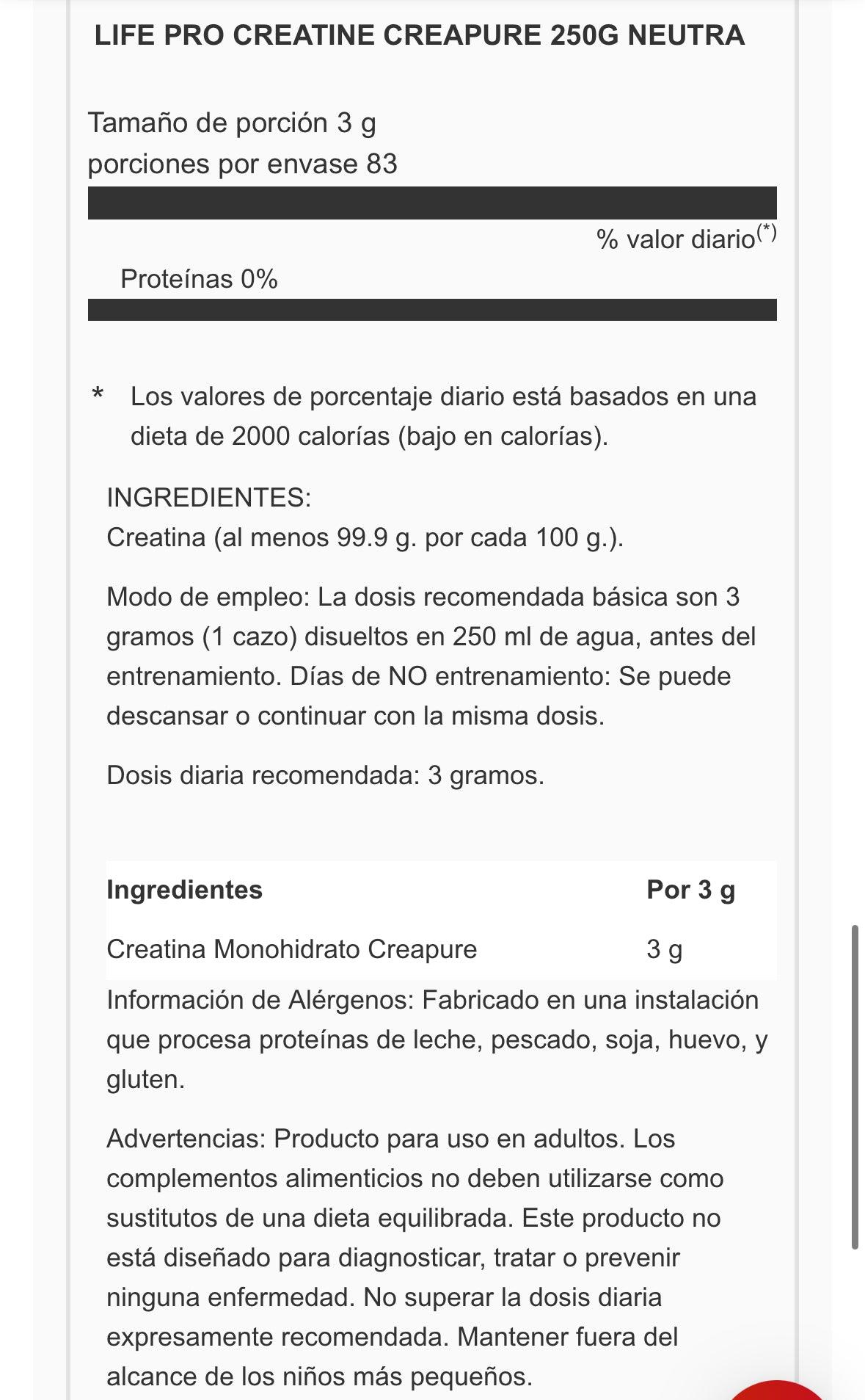 Creatina Life Pro Creapure 250 g | Neutro - Unbroken Fitness Shop