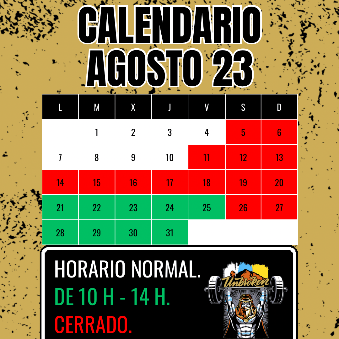 Calendario agosto Unbroken - Unbroken Fitness Shop