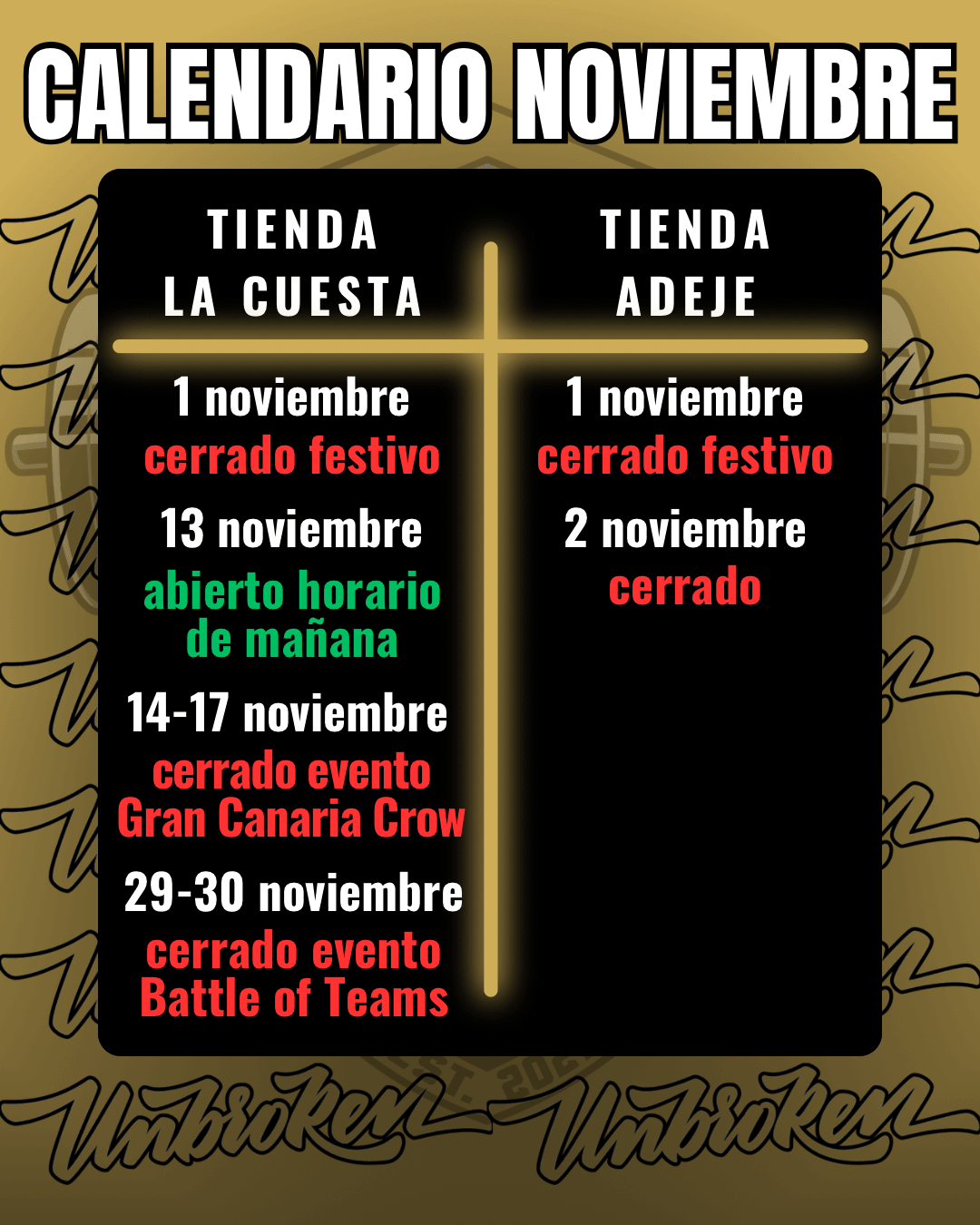 Calendario noviembre 2024 - Unbroken Fitness Shop